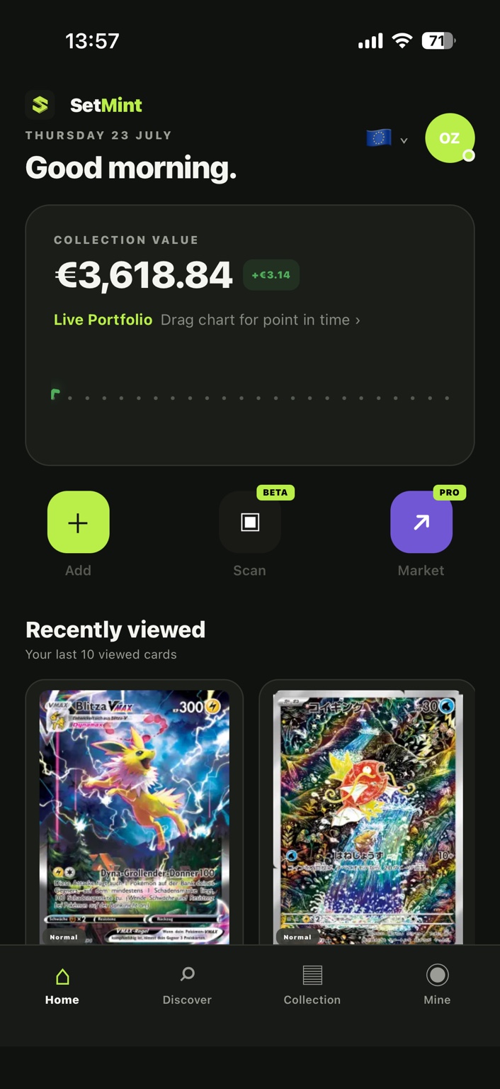 SetMint collection dashboard showing real recently viewed Pokémon cards and collection actions