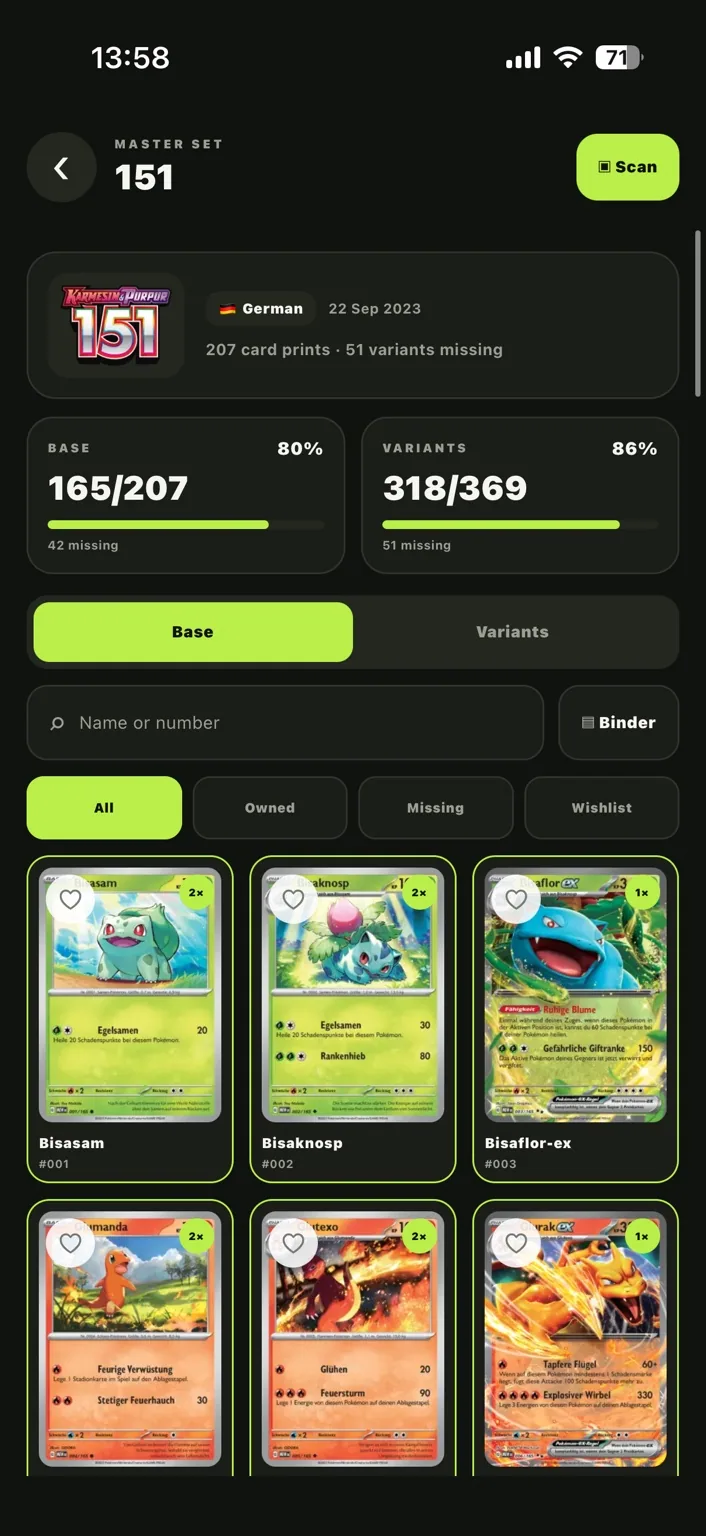 SetMint Master Set detail screen showing real Pokémon cards, set progress, variants and binder controls