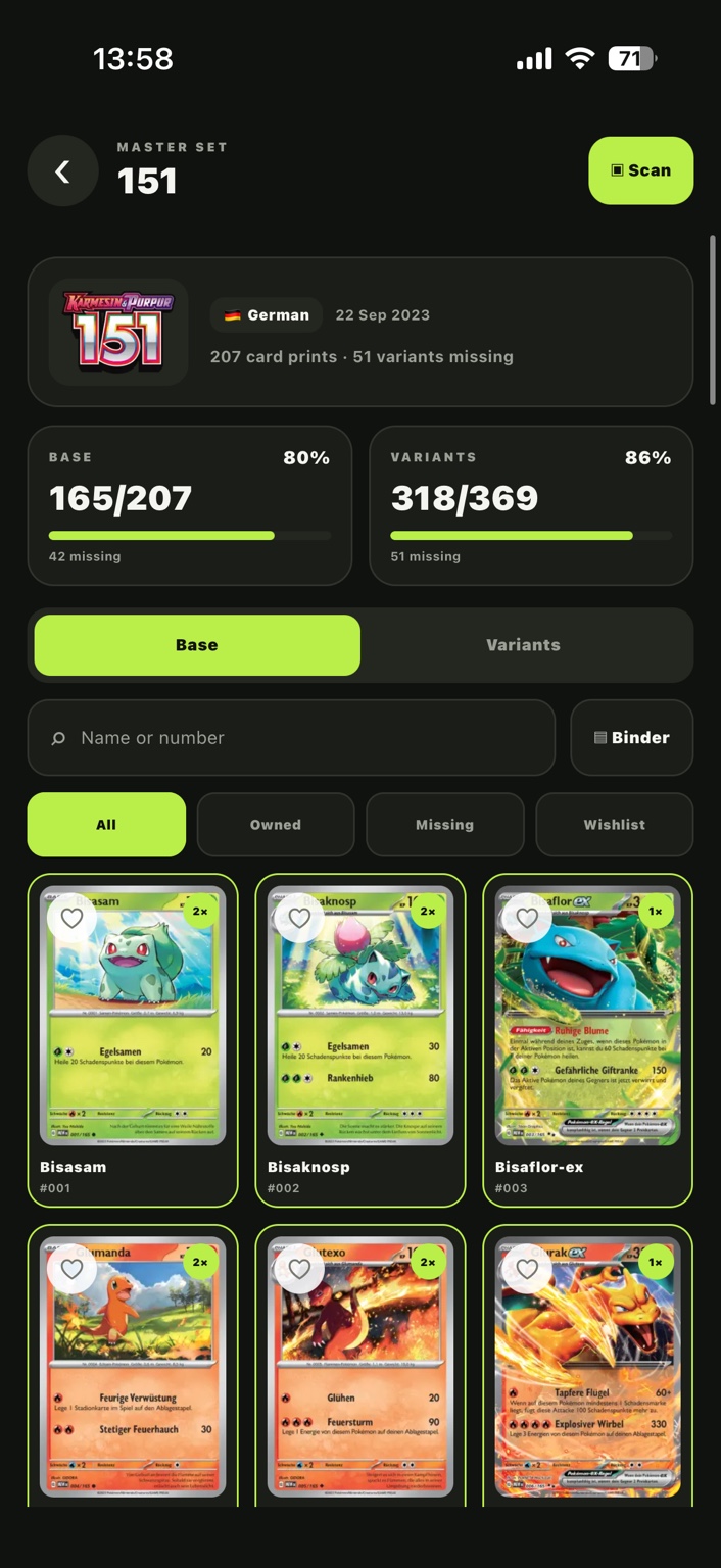 SetMint Master Set detail showing real Pokémon cards, completion progress, variants and binder controls