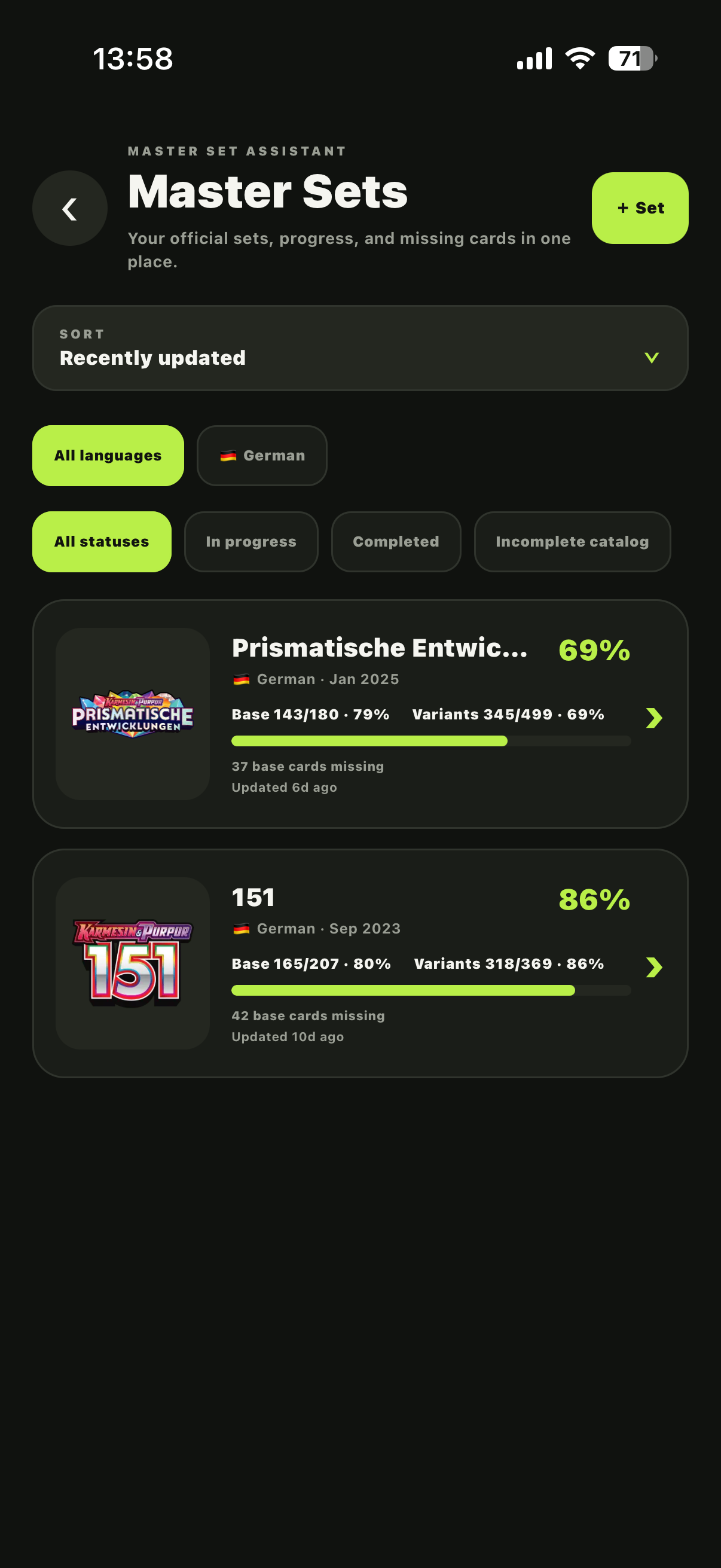 SetMint Master Sets overview showing collection progress and missing-card counts